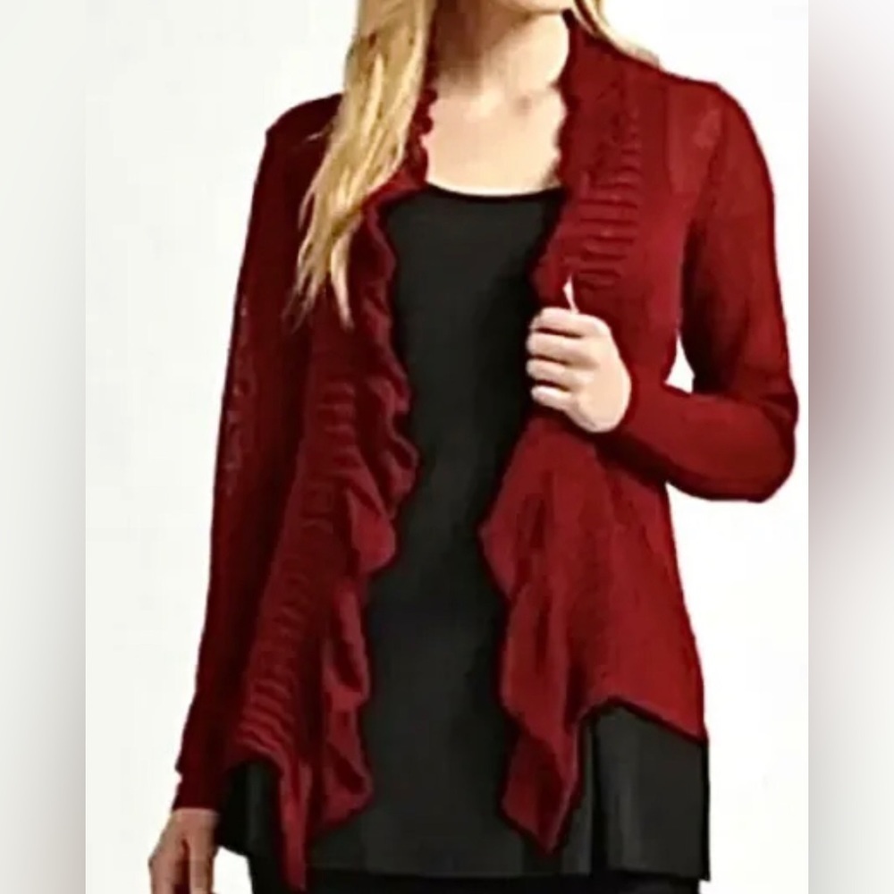 Eileen Fisher Petite Small Rayon Silk Red Cardigan Ruffle Flutter Open Front